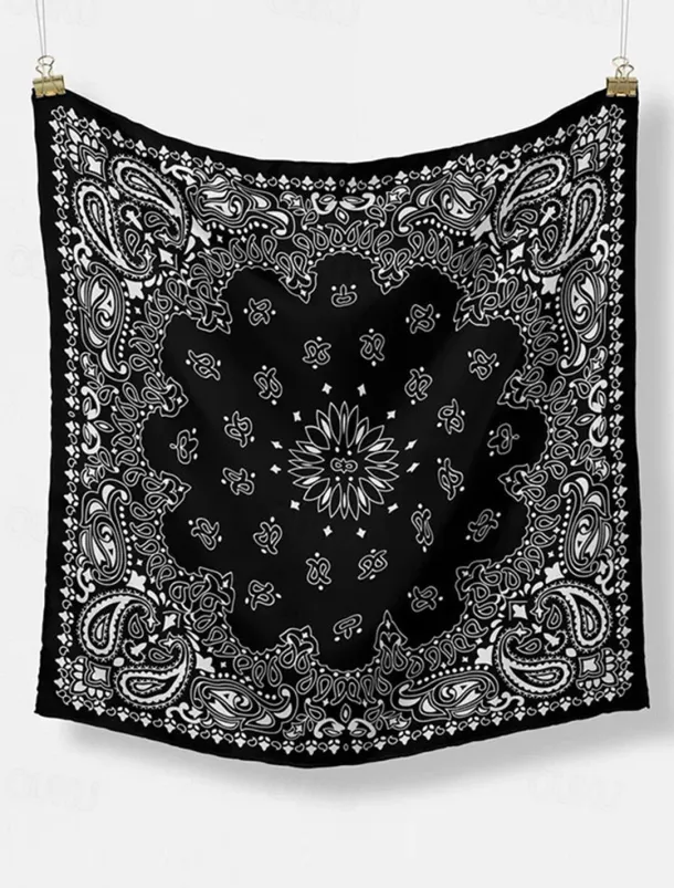 Men's Paisley Print Square Neck Scarf with Leather Buckle, Vintage Style Polyester Bandana for Outdoor Travel, Parties and Daily Fashion
