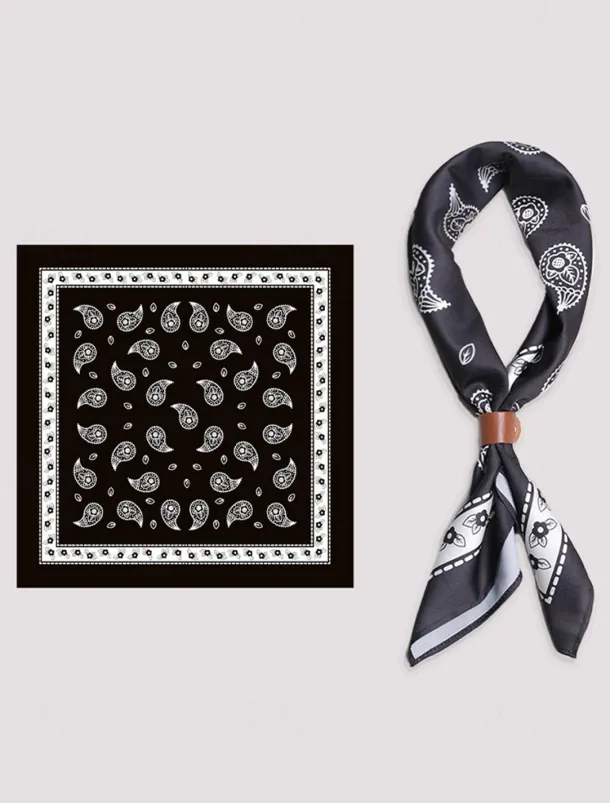 Men's Paisley Print Square Neck Scarf with Leather Buckle, Vintage Style Polyester Bandana for Outdoor Travel, Parties and Daily Fashion