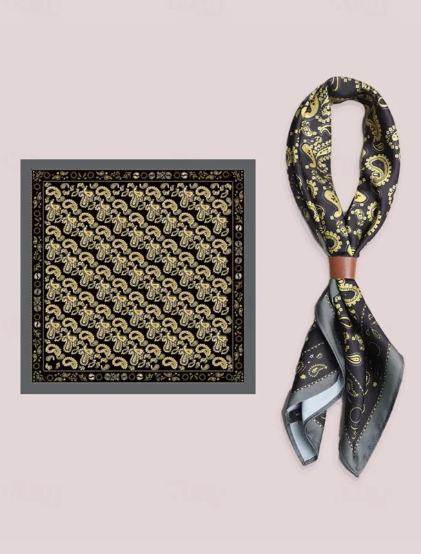 Men's Paisley Print Square Neck Scarf with Leather Buckle, Vintage Style Polyester Bandana for Outdoor Travel, Parties and Daily Fashion