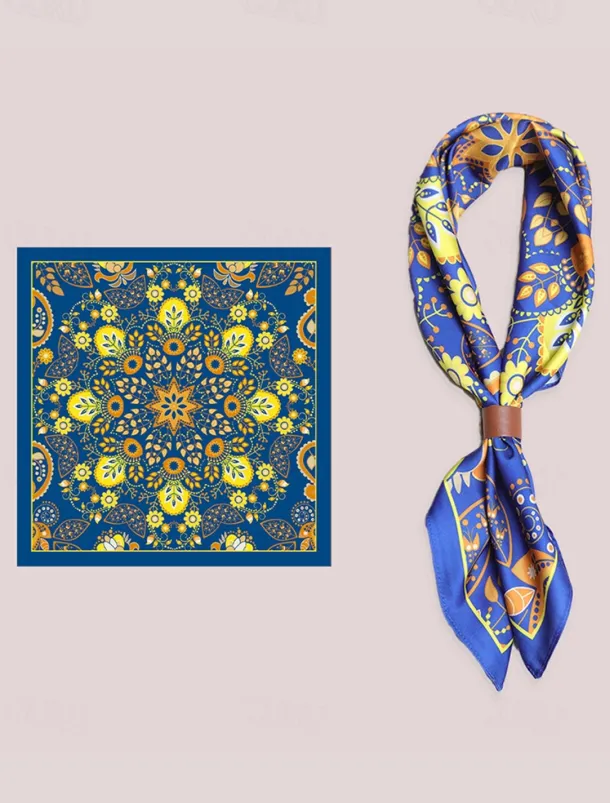 Men's Paisley Print Square Neck Scarf with Leather Buckle, Vintage Style Polyester Bandana for Outdoor Travel, Parties and Daily Fashion