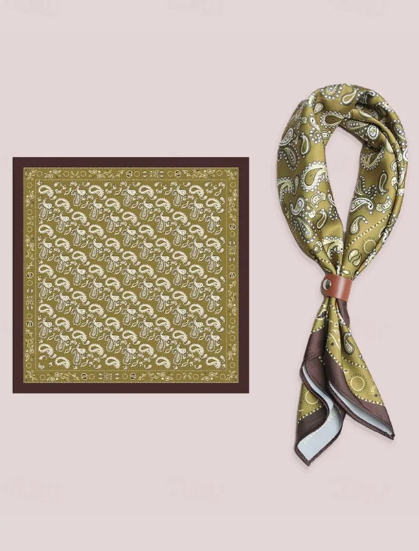 Men's Paisley Print Square Neck Scarf with Leather Buckle, Vintage Style Polyester Bandana for Outdoor Travel, Parties and Daily Fashion