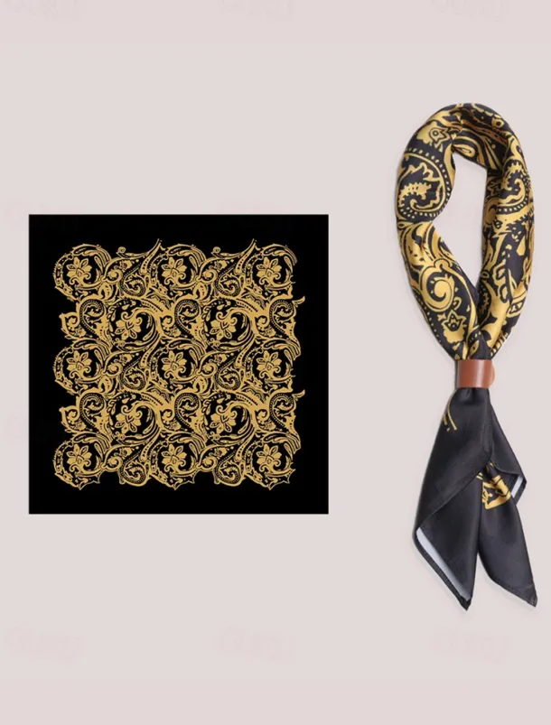Men's Paisley Print Square Neck Scarf with Leather Buckle, Vintage Style Polyester Bandana for Outdoor Travel, Parties and Daily Fashion