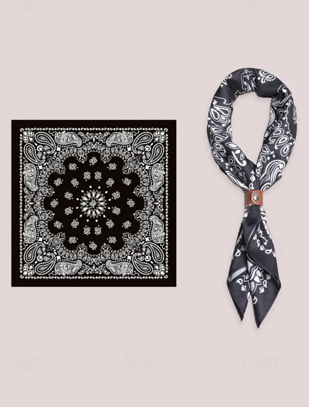 Men's Paisley Print Square Neck Scarf with Leather Buckle, Vintage Style Polyester Bandana for Outdoor Travel, Parties and Daily Fashion