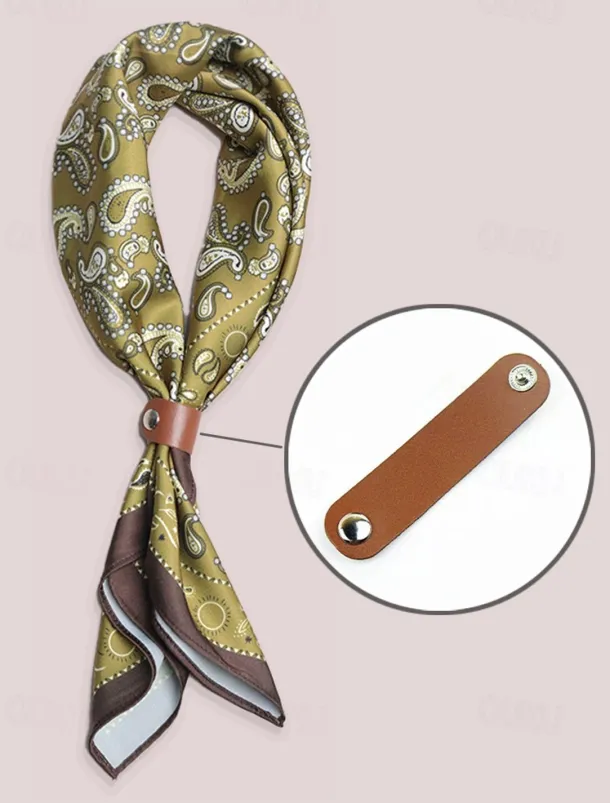 Men's Paisley Print Square Neck Scarf with Leather Buckle, Vintage Style Polyester Bandana for Outdoor Travel, Parties and Daily Fashion