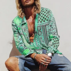 Men's Paisley Tribal Shirt Boho Shirt Long Sleeve Fashion Designer Casual Outdoor Casual Daily Spring & Fall Turndown 3D Button-Down Light Pink Yellow Blue Green