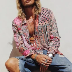 Men's Paisley Tribal Shirt Boho Shirt Long Sleeve Fashion Designer Casual Outdoor Casual Daily Spring & Fall Turndown 3D Button-Down Light Pink Yellow Blue Green