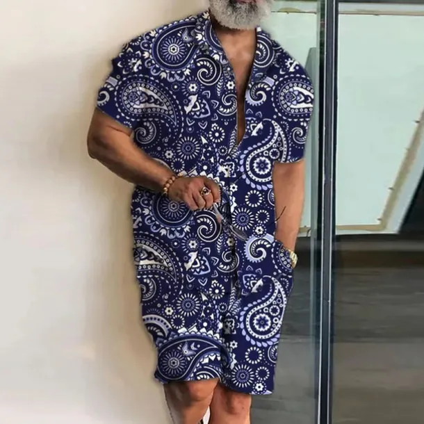 Men's Paisley Vintage Tropical Flowers 2pcs Shirts Sets Summer Hawaiian Shirt Short Sleeve Short Pants Cuban Collar Fashion Streetwear Designer Outdoor Street Casual Print Summer Spring Black Navy