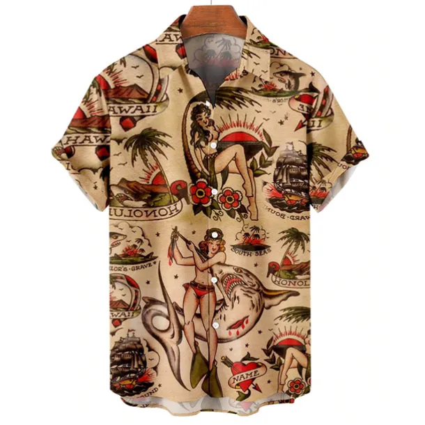 Men's Palm Leaf Pin Up Girl Shirt Summer Hawaiian Shirt Aloha Shirt Short Sleeve Shirt Turndown Vintage Fashion Designer Vacation Casual Daily Yellow Blue Brown Print S M L