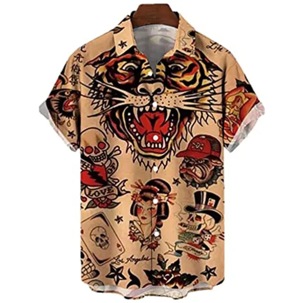 Men's Palm Leaf Pin Up Girl Shirt Summer Hawaiian Shirt Aloha Shirt Short Sleeve Shirt Turndown Vintage Fashion Designer Vacation Casual Daily Yellow Blue Brown Print S M L