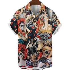 Men's Palm Leaf Pin Up Girl Shirt Summer Hawaiian Shirt Aloha Shirt Short Sleeve Shirt Turndown Vintage Fashion Designer Vacation Casual Daily Yellow Blue Brown Print S M L