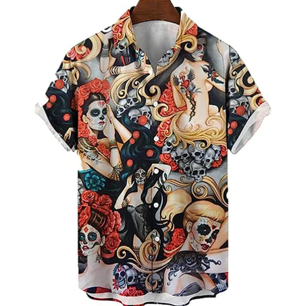 Men's Palm Leaf Pin Up Girl Shirt Summer Hawaiian Shirt Aloha Shirt Short Sleeve Shirt Turndown Vintage Fashion Designer Vacation Casual Daily Yellow Blue Brown Print S M L