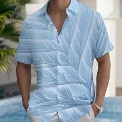 Men's Palm Leaf Tropical Plants Shirt Summer Hawaiian Shirt Button Up Shirt Short Sleeve Hawaiian Vacation Holiday Beach Wear Summer Spring Turndown 3D Print Collared Shirts Front One Pocket Blue