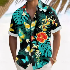 Men's Palm Leaf Tropical Plants Flowers Summer Hawaiian Shirt Button Up Shirt Aloha Shirt Short Sleeve Hawaiian Vacation Holiday Beach Wear Summer Spring Turndown 3D Print Collared Shirts Black Blue