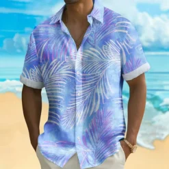 Men's Palm Leaf Tropical Plants Shirt Summer Hawaiian Shirt Button Up Shirt Short Sleeve Hawaiian Resort Vacation Holiday Beach Wear Summer Spring Turndown 3D Print Collared Shirts Blue Purple Green