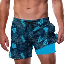 Men's Palm Leaf Tropical Plants Lined Shorts 2 in 1 Board Shorts Swim Shorts Mid Waist Hawaiian Vacation Beach Wear Side Pockets With Compression Liner Elastic Drawstring Waist Designer Clothing
