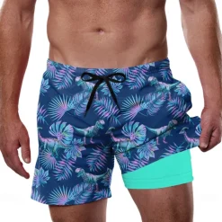 Men's Palm Leaf Tropical Plants Lined Shorts 2 in 1 Board Shorts Swim Shorts Mid Waist Hawaiian Vacation Beach Wear Side Pockets With Compression Liner Elastic Drawstring Waist Designer Clothing