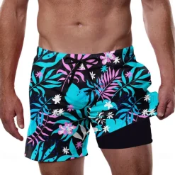 Men's Palm Leaf Tropical Plants Lined Shorts 2 in 1 Board Shorts Swim Shorts Mid Waist Hawaiian Vacation Beach Wear Side Pockets With Compression Liner Elastic Drawstring Waist Designer Clothing
