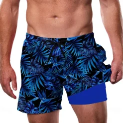 Men's Palm Leaf Tropical Plants Lined Shorts 2 in 1 Board Shorts Swim Shorts Mid Waist Hawaiian Vacation Beach Wear Side Pockets With Compression Liner Elastic Drawstring Waist Designer Clothing