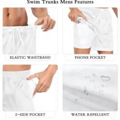 Men's Palm Leaf Tropical Plants Lined Shorts 2 in 1 Board Shorts Swim Shorts Mid Waist Hawaiian Vacation Beach Wear Side Pockets With Compression Liner Elastic Drawstring Waist Designer Clothing