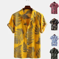Men's Palm Leaf Tropical Plants Shirt Summer Hawaiian Shirt Camp Collar Shirt Short Sleeve Shirt Collar Turndown Fashion Hawaiian Designer Outdoor Vacation Street Yellow Pink Green Print S M L