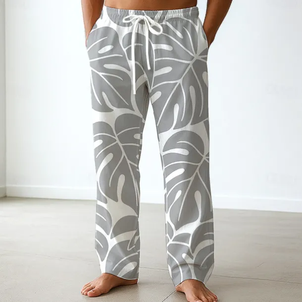 Men's Palm Leaf Tropical Plants Trousers Baggy Pants Casual Pants Mid Waist Hawaiian Vacation Holiday Beach Wear Elastic Waist Wide Leg Drawstring Summer Spring 3D Print Blue Green Gray