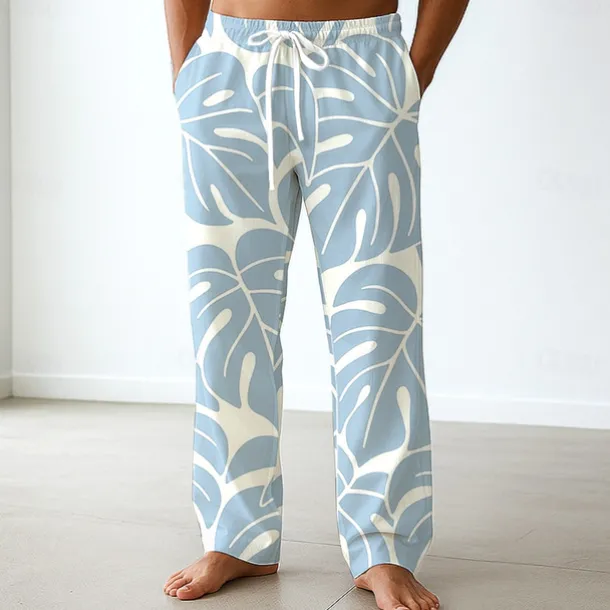 Men's Palm Leaf Tropical Plants Trousers Baggy Pants Casual Pants Mid Waist Hawaiian Vacation Holiday Beach Wear Elastic Waist Wide Leg Drawstring Summer Spring 3D Print Blue Green Gray