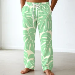 Men's Palm Leaf Tropical Plants Trousers Baggy Pants Casual Pants Mid Waist Hawaiian Vacation Holiday Beach Wear Elastic Waist Wide Leg Drawstring Summer Spring 3D Print Blue Green Gray