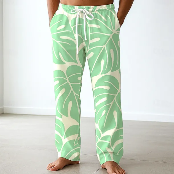 Men's Palm Leaf Tropical Plants Trousers Baggy Pants Casual Pants Mid Waist Hawaiian Vacation Holiday Beach Wear Elastic Waist Wide Leg Drawstring Summer Spring 3D Print Blue Green Gray