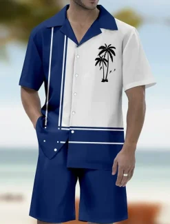 Men's Palm Tree 2pcs Shirts Sets Summer Hawaiian Shirt Short Sleeve Short Pants Cuban Collar beach vacation Party Casual Daily 3D Print Summer Robin's Egg Blue Black Red