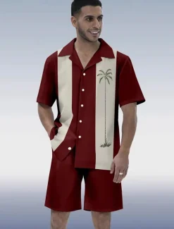 Men's Palm Tree 2pcs Shirts Sets Summer Hawaiian Shirt Short Sleeve Short Pants Cuban Collar beach vacation Party Casual Daily 3D Print Summer Robin's Egg Blue Black Red