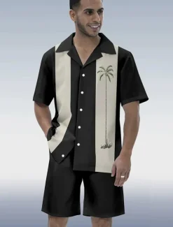 Men's Palm Tree 2pcs Shirts Sets Summer Hawaiian Shirt Short Sleeve Short Pants Cuban Collar beach vacation Party Casual Daily 3D Print Summer Robin's Egg Blue Black Red