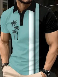 Men's Palm Tree Polo Short Sleeve Polo Shirts Lapel Casual Resort Athleisure Hawaiian 3D Print Buttons Summer Blue Purple Brown