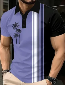 Men's Palm Tree Polo Short Sleeve Polo Shirts Lapel Casual Resort Athleisure Hawaiian 3D Print Buttons Summer Blue Purple Brown