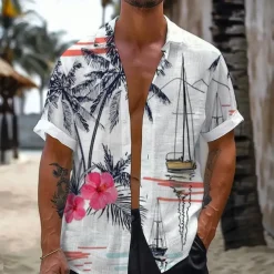 Men's Palm Tree Sailboat Tropical Plants Shirt Summer Hawaiian Shirt Aloha Shirt Short Sleeve Shirt Turndown Vacation Hawaiian Resort Style Outdoor Vacation Beach Black White S M L
