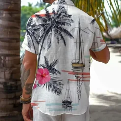 Men's Palm Tree Sailboat Tropical Plants Shirt Summer Hawaiian Shirt Aloha Shirt Short Sleeve Shirt Turndown Vacation Hawaiian Resort Style Outdoor Vacation Beach Black White S M L