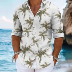 Men's Palm Tree Summer Hawaiian Shirt Aloha Shirt Long Sleeve Hawaiian Beach Vacation Summer Spring Turndown Button Up Blue Purple Green