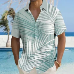 Men's Palm Tree Tropical Plants Shirt Summer Hawaiian Shirt Button Up Shirt Short Sleeve Hawaiian Resort Vacation Holiday Beach Wear Summer Turndown 3D Print Collared Shirts Front One Pocket Blue