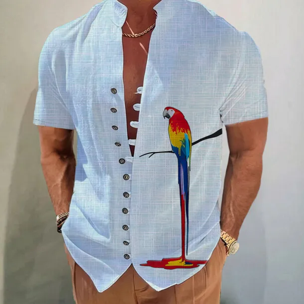 Men's Parrot Shirt Button Up Shirt Short Sleeve Fashion Streetwear Designer Outdoor Casual Daily Spring & Summer Stand Collar Print White Pink Blue Gray