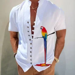 Men's Parrot Shirt Button Up Shirt Short Sleeve Fashion Streetwear Designer Outdoor Casual Daily Spring & Summer Stand Collar Print White Pink Blue Gray