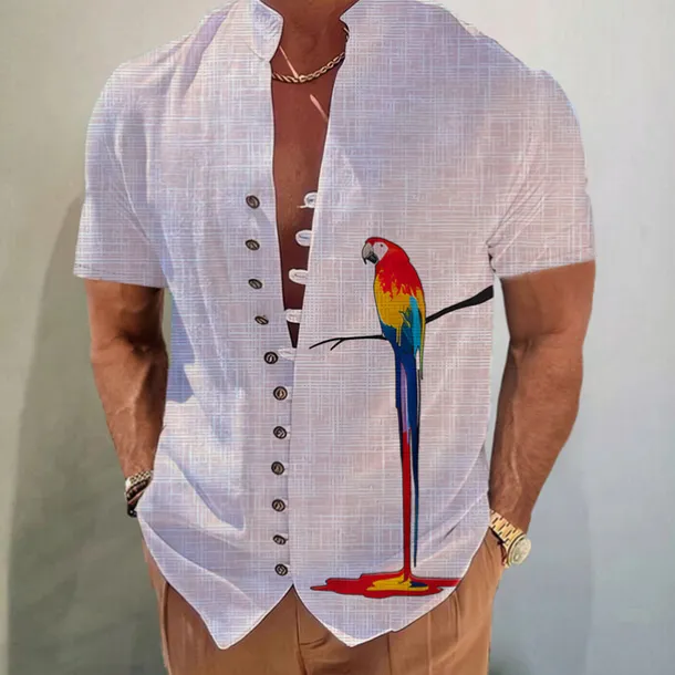 Men's Parrot Shirt Button Up Shirt Short Sleeve Fashion Streetwear Designer Outdoor Casual Daily Spring & Summer Stand Collar Print White Pink Blue Gray