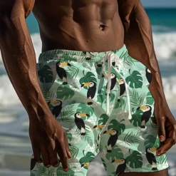 Men's Parrot Tropical Plants Swim Trunks Swim Shorts Board Shorts Mid Waist Vacation Hawaiian Holiday Vacation Holiday Beach Drawstring with Mesh lining Elastic Waist Designer Clothing Apparel
