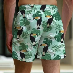 Men's Parrot Tropical Plants Swim Trunks Swim Shorts Board Shorts Mid Waist Vacation Hawaiian Holiday Vacation Holiday Beach Drawstring with Mesh lining Elastic Waist Designer Clothing Apparel