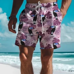 Men's Parrot Tropical Plants Swim Trunks Swim Shorts Board Shorts Mid Waist Vacation Hawaiian Holiday Vacation Holiday Beach Drawstring with Mesh lining Elastic Waist Designer Clothing Apparel
