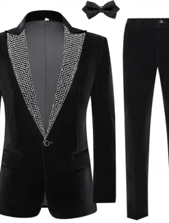 Men's Party Evening Wear Prom Suits Peaked Lapel Black Christmas Fashion Patchwork Standard Fit 2 Piece Single Breasted One-button