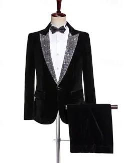 Men's Party Evening Wear Prom Suits Peaked Lapel Black Christmas Fashion Patchwork Standard Fit 2 Piece Single Breasted One-button