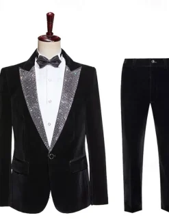 Men's Party Evening Wear Prom Suits Peaked Lapel Black Christmas Fashion Patchwork Standard Fit 2 Piece Single Breasted One-button