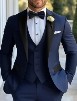 Men's Party Fall Wedding Suits Navy Blue Royal Blue Dress Solid Colored Standard Fit 3 Piece Single Breasted Two-buttons