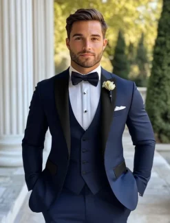 Men's Party Fall Wedding Suits Navy Blue Royal Blue Dress Solid Colored Standard Fit 3 Piece Single Breasted Two-buttons