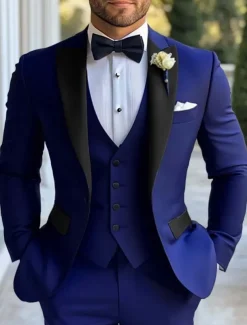 Men's Party Fall Wedding Suits Navy Blue Royal Blue Dress Solid Colored Standard Fit 3 Piece Single Breasted Two-buttons