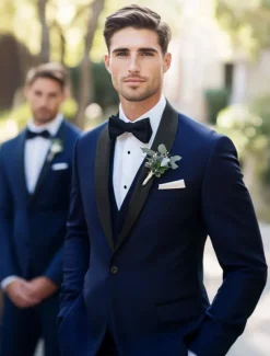 Men's Party Fall Wedding Suits Shawl Lapel Navy Blue Business Formal Solid Colored Standard Fit 3 Piece Single Breasted One-button